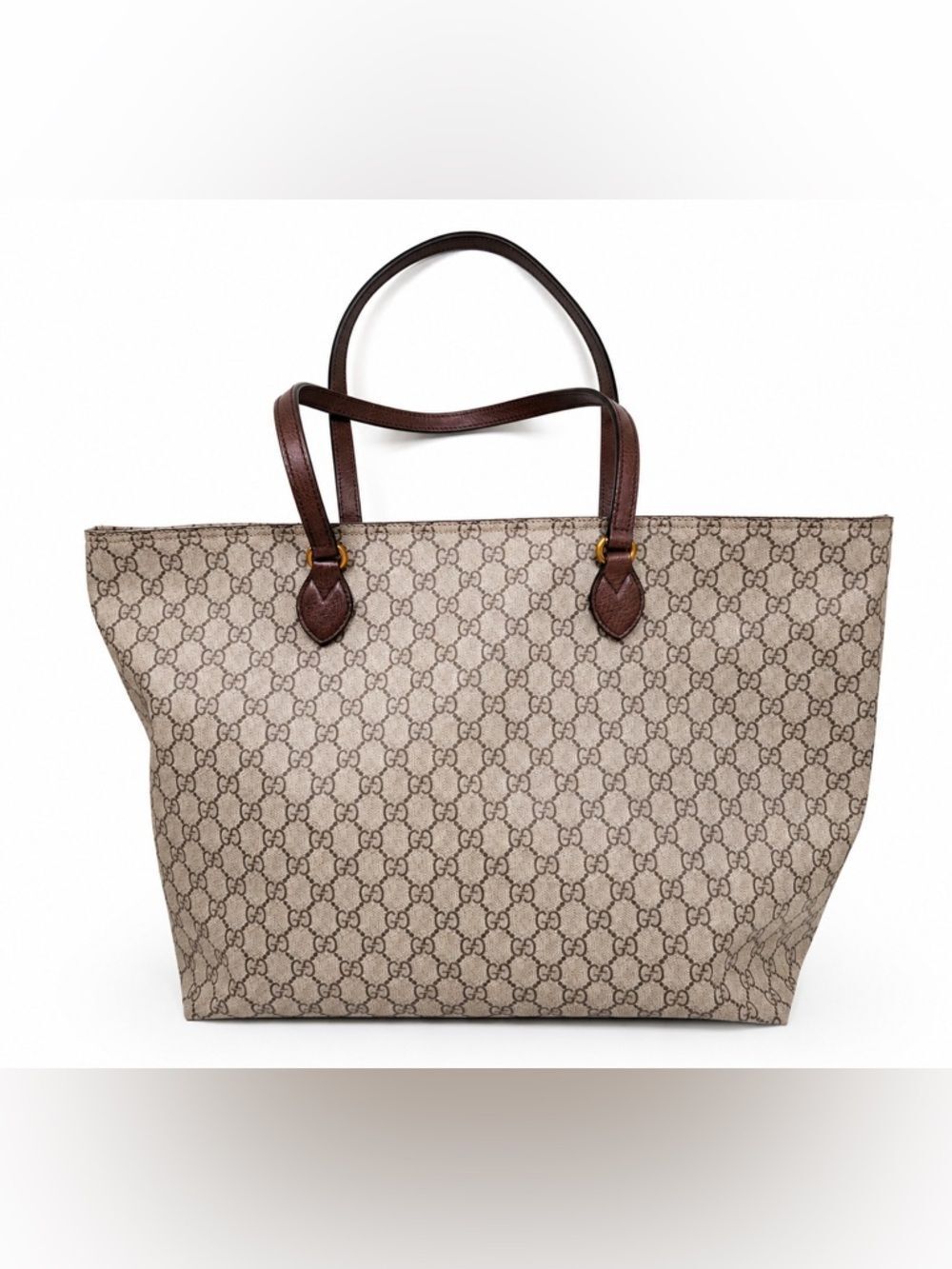 Gucci GG Supreme Monogram Large Tote Bag Beige Ebony Brown Leather Italy